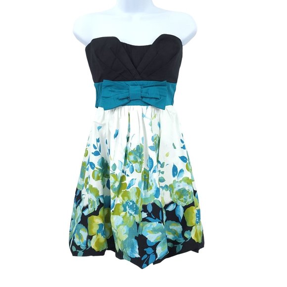 Speechless Mini Cocktail Dress Strapless Floral Black Blue Green Size 3 NWT Bow - Picture 1 of 15